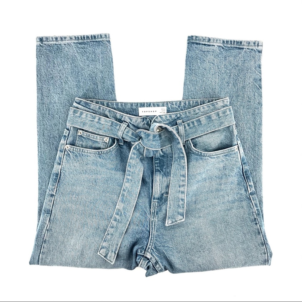 Topshop Blue Tie Waist High Rise Light Wash Jeans - Picture 2 of 8